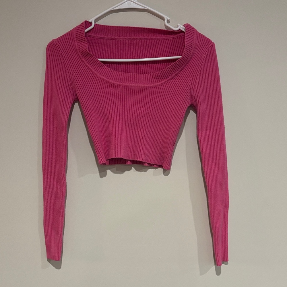 SHEIN Fuchsia Ribbed Knit Long Sleeve Crop Top
